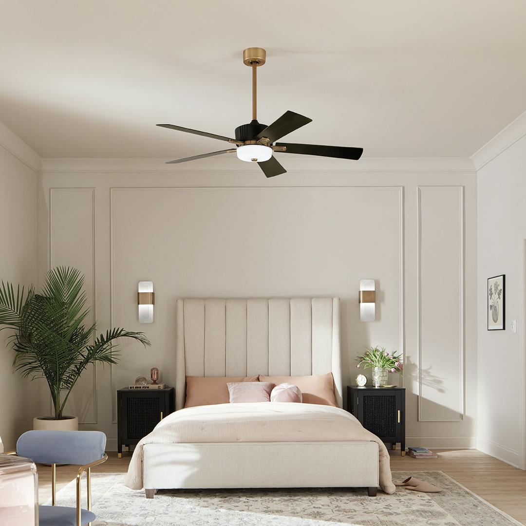 Day time bedroom with 56" Icon 5 Blade LED Indoor Ceiling Fan Satin Black