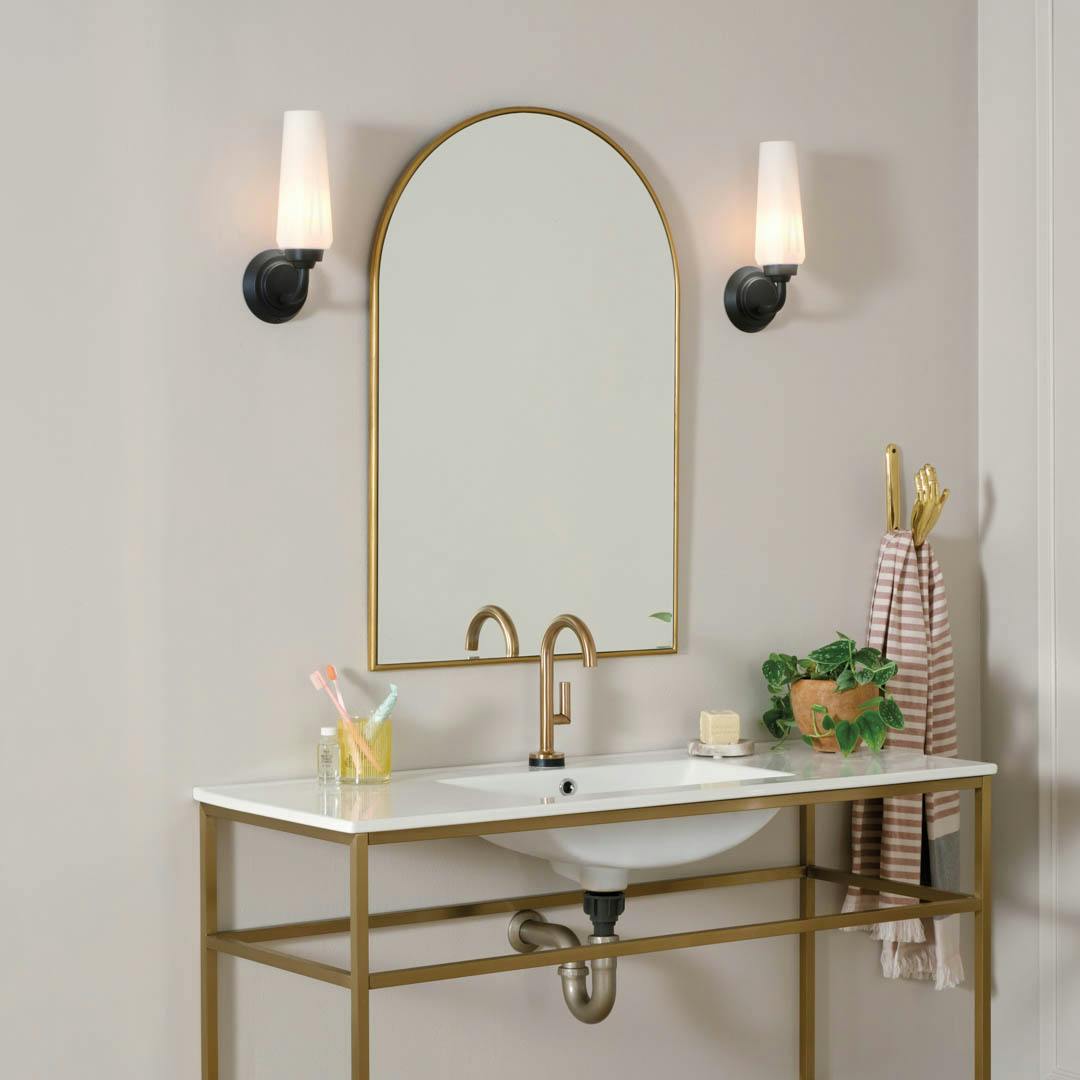 Day time bathroom with Truby 11.5 Inch 1 Light Wall Sconce with Satin Etched Cased Opal Glass in Black