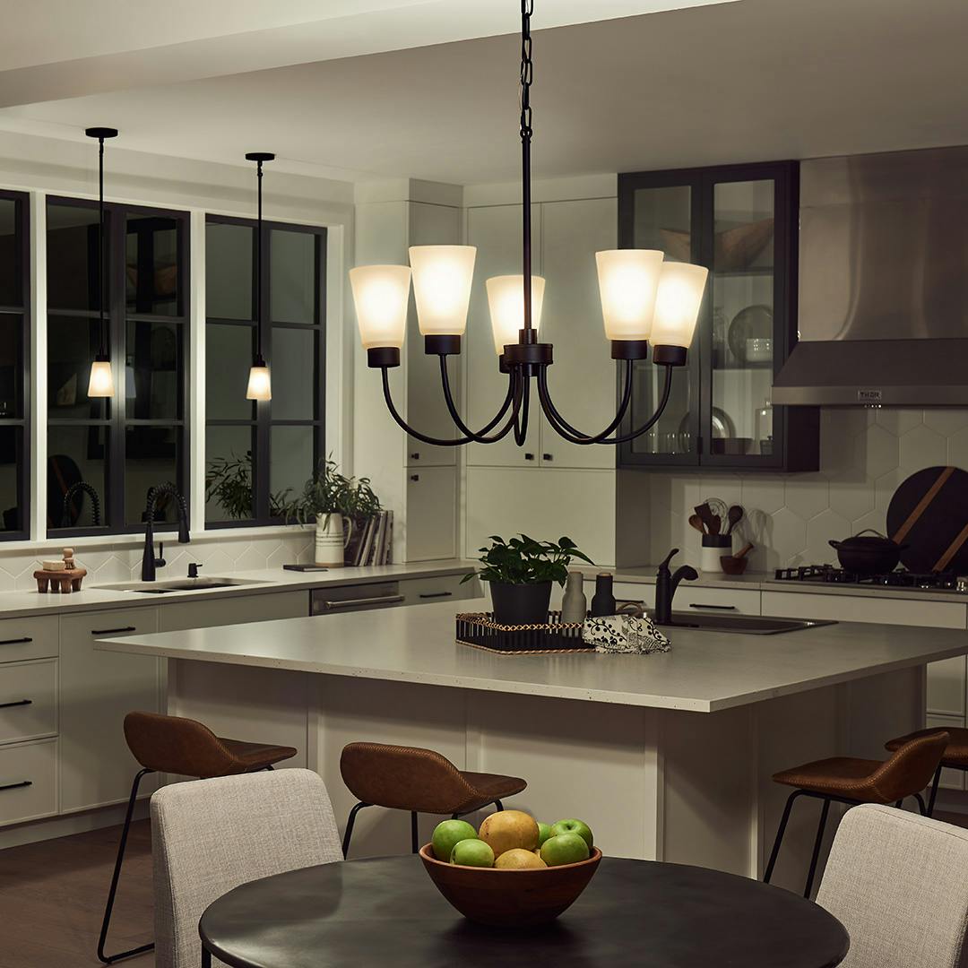 Night time Kitchen with Erma 24" 5 Light Chandelier Black
