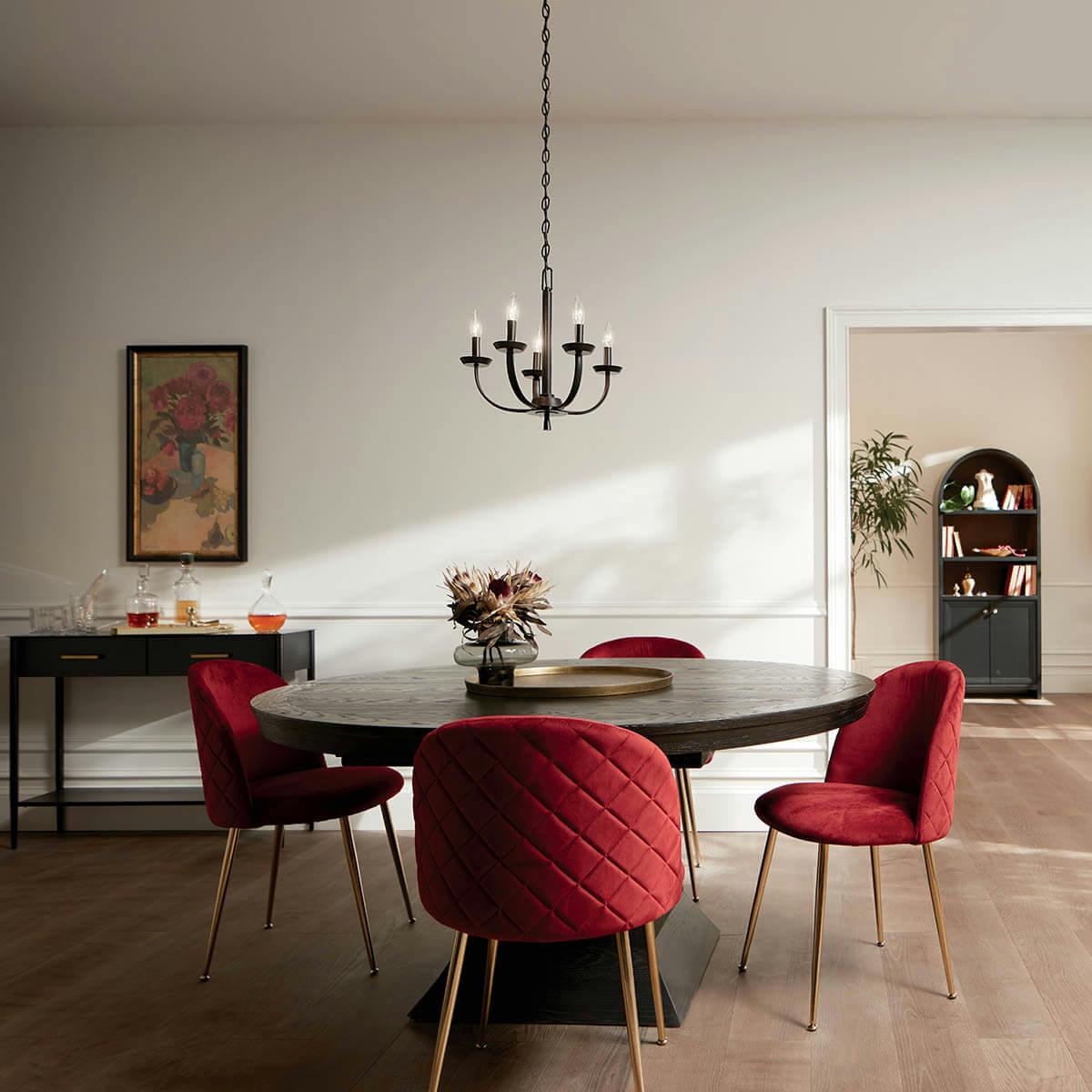 Day time dining room with The Kennewick™ 5 Light Chandelier Black