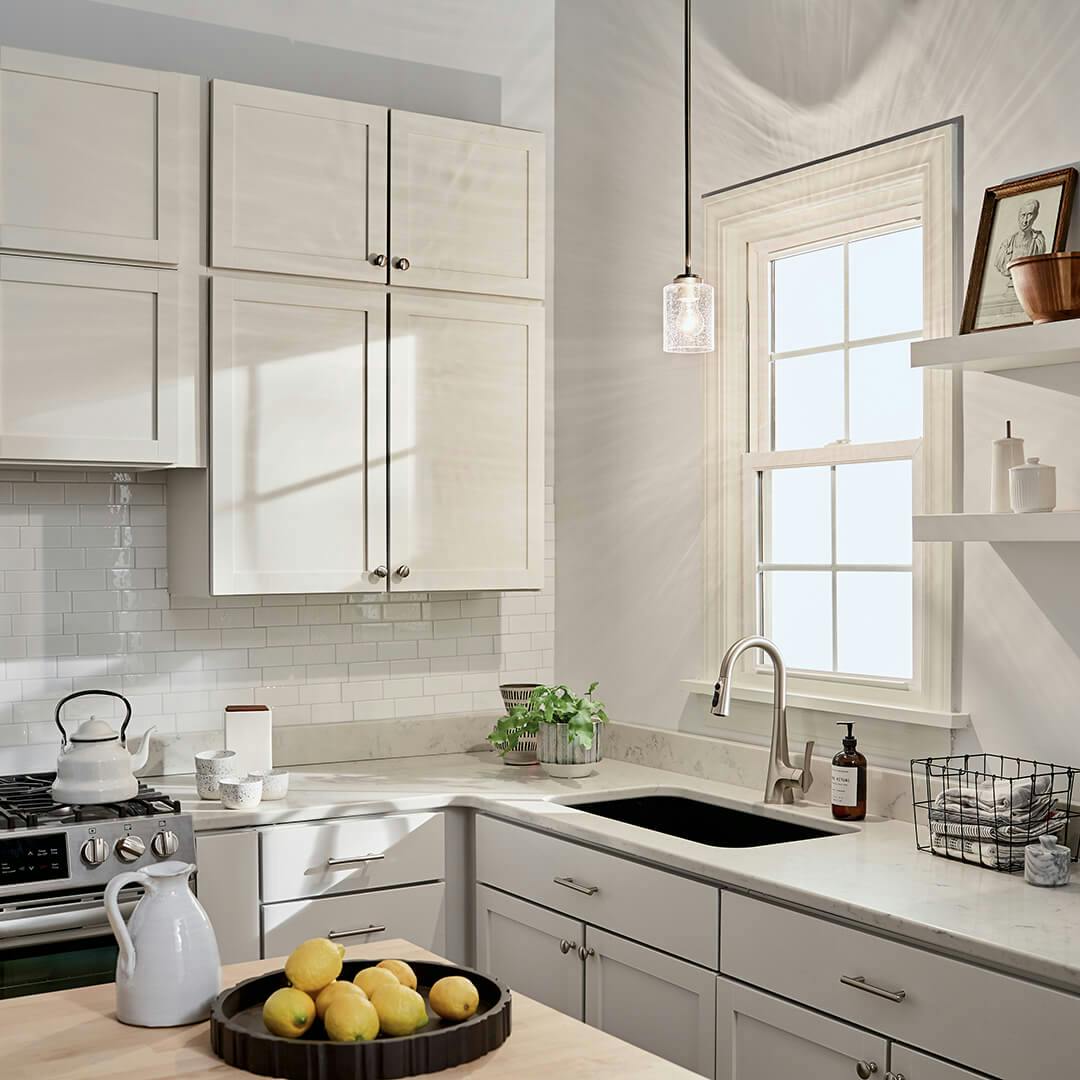 Day time kitchen with Winslow 7" 1 Light Mini Pendant in Nickel