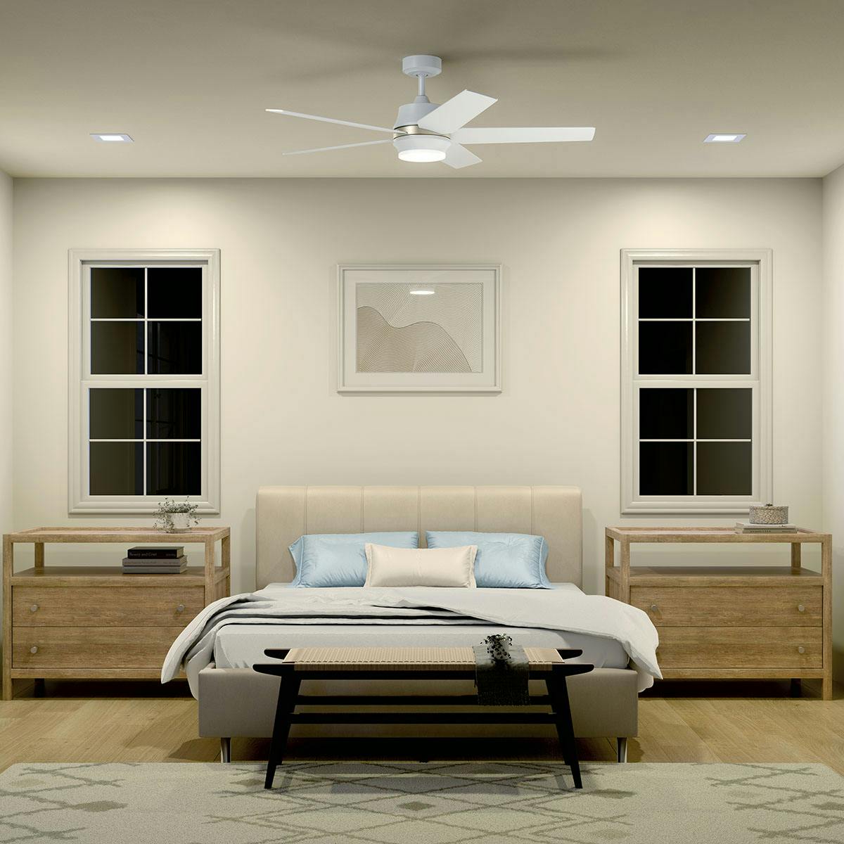Night time bedroom featuring Maeve ceiling fan 300059MWH