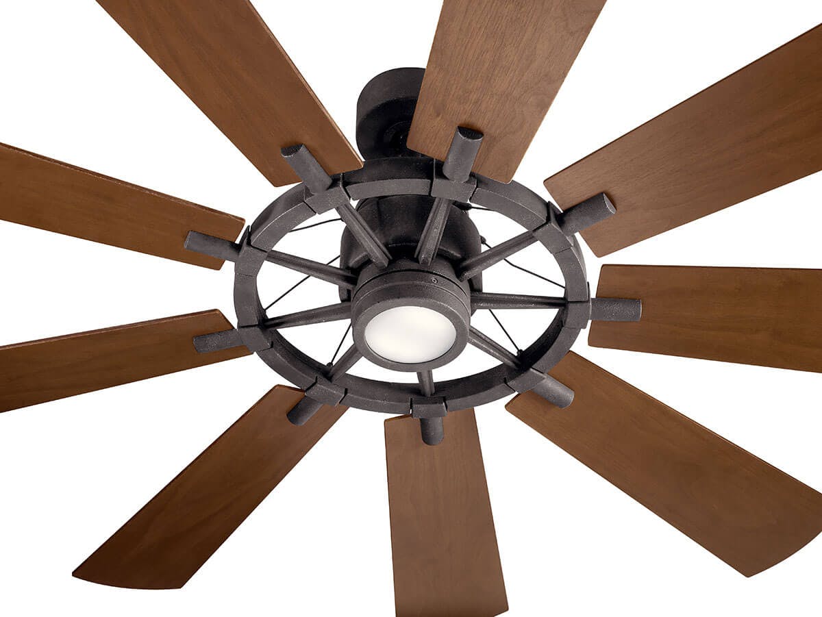 Close up view of the Gentry LED 65" 9 Blade Fan in Zinc on a white background