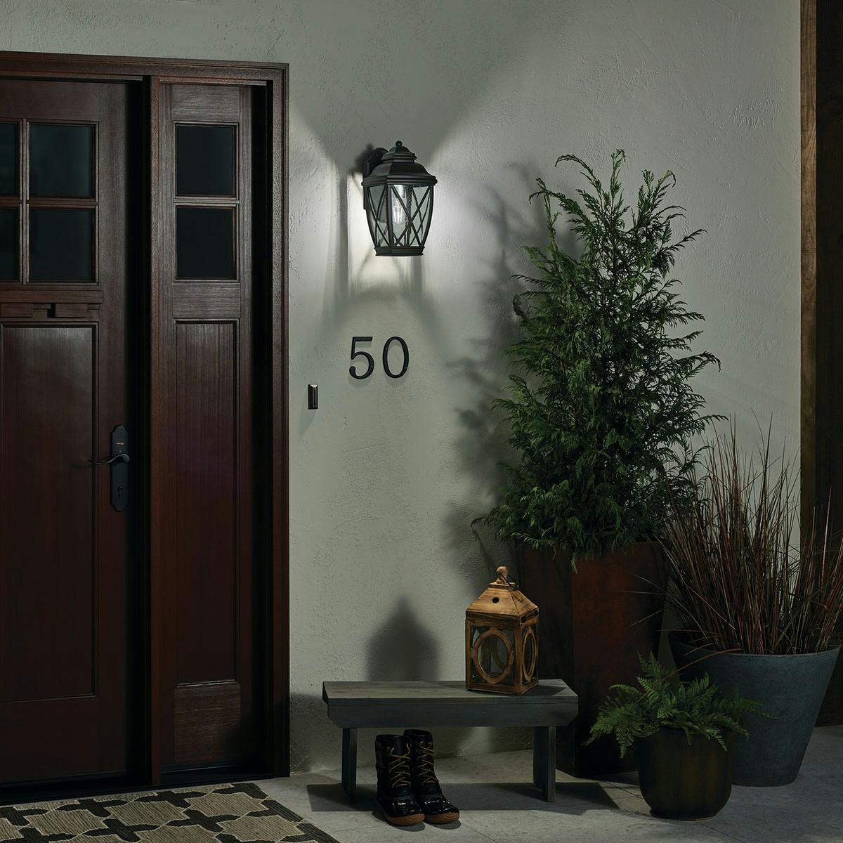 Night time Exterior image featuring Tangier outdoor wall light 49841OZ