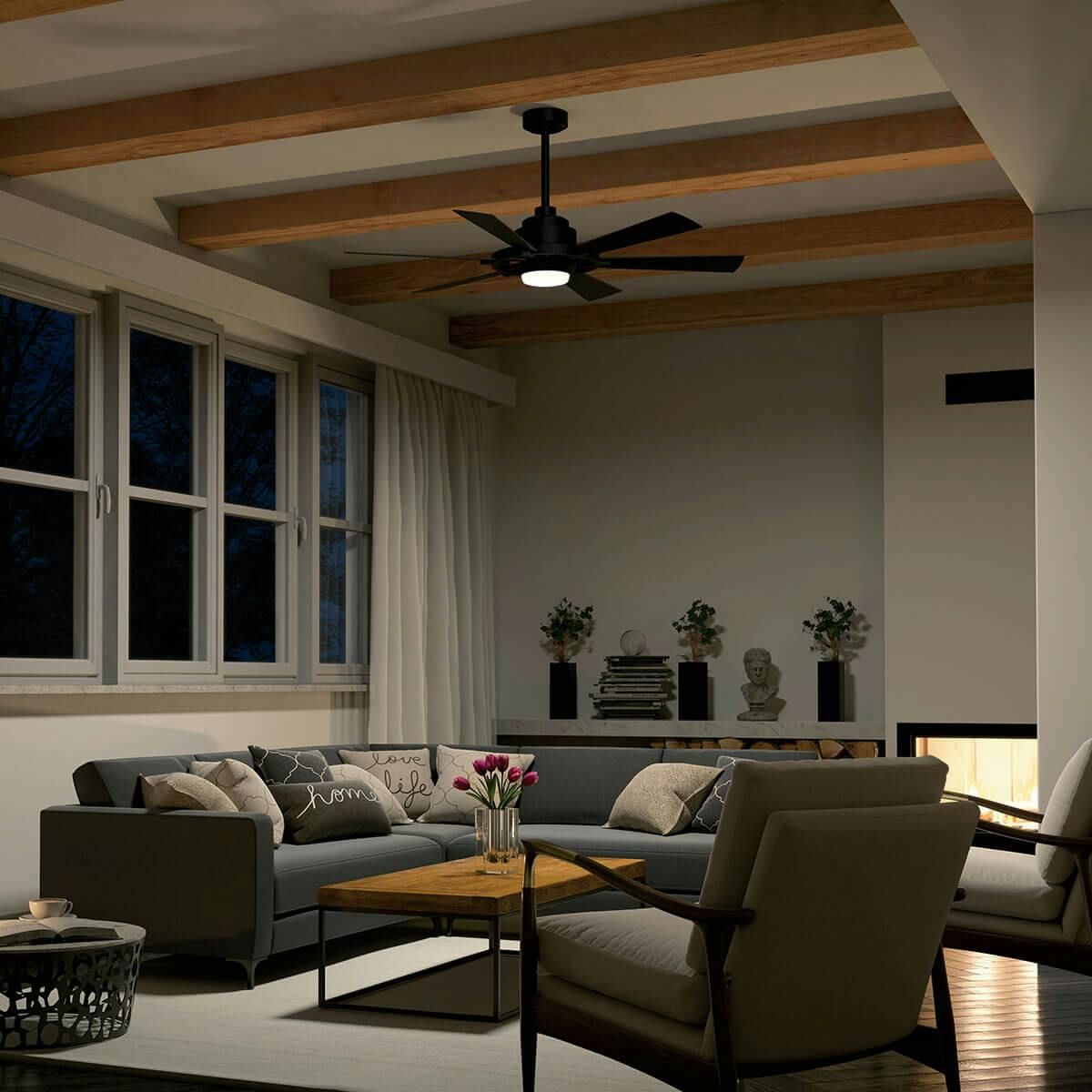 Night time living room image featuring Iras ceiling fan 300241DBK