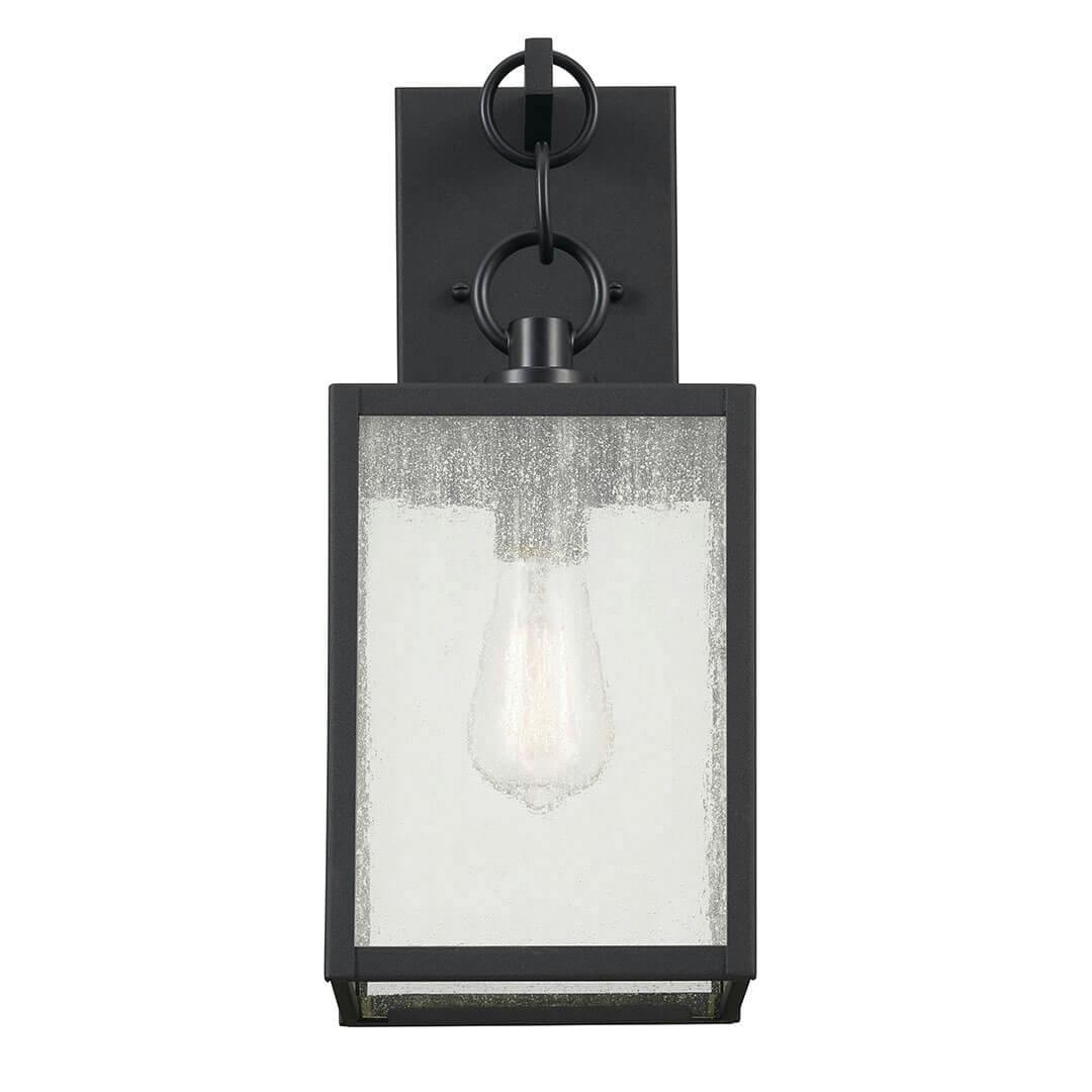 Front view of the Lahden 17" 1 Light Outdoor Wall Light with Clear Seeded Glass in Textured Black on a white background