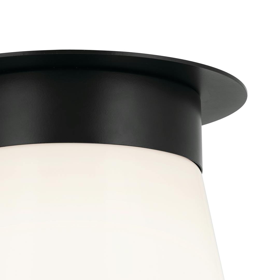 Close up view of the Albers 8.5 Inch 1 Light Flush mount with Opal Glass in Black on a white background