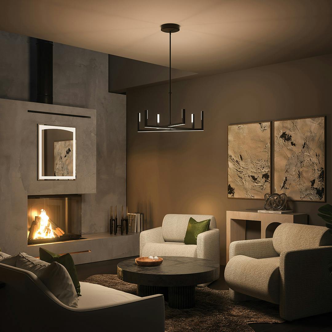 Night time Living Room with Priam LED Chandelier Matte Black