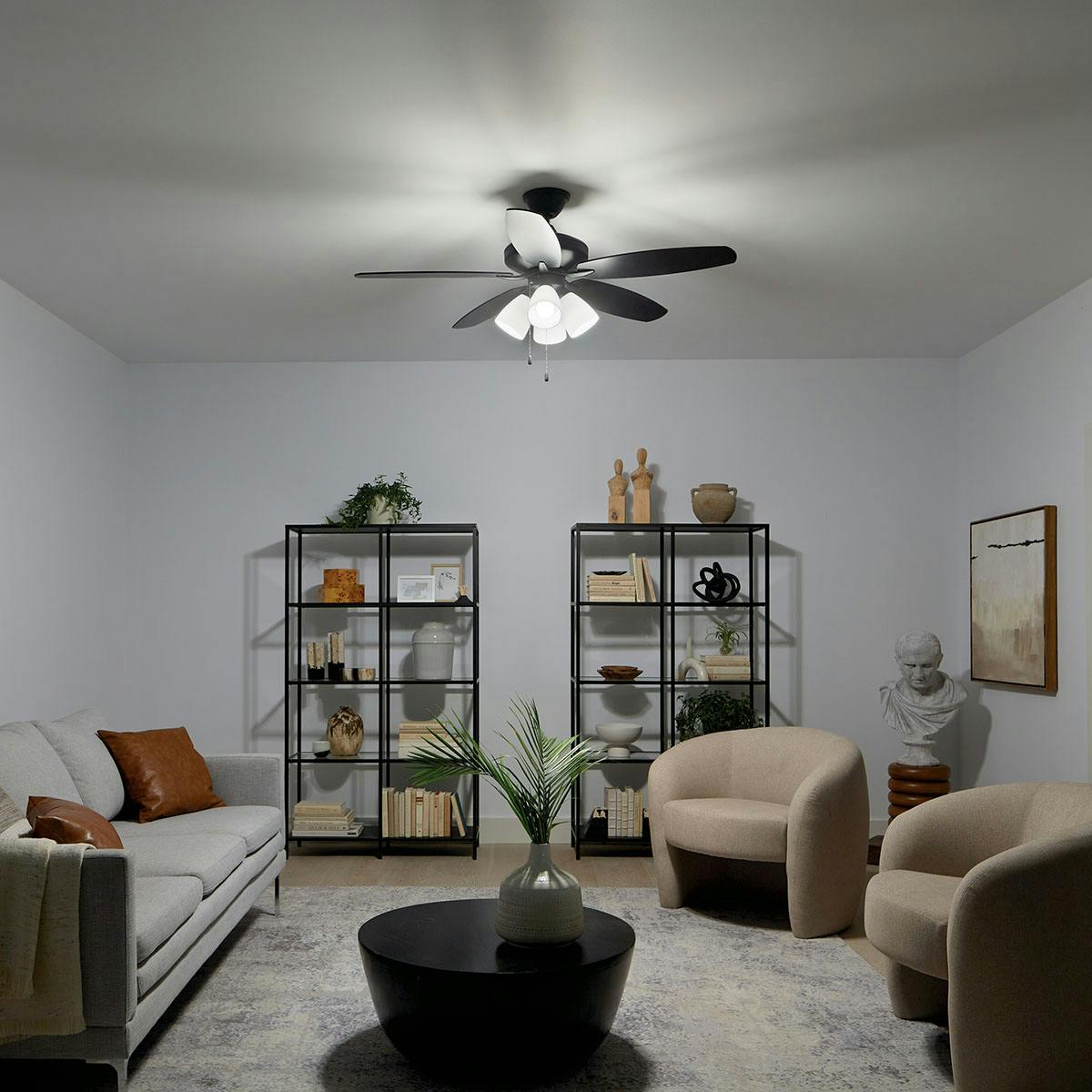 Night time living room featuring Renew ceiling fan 330162SBK