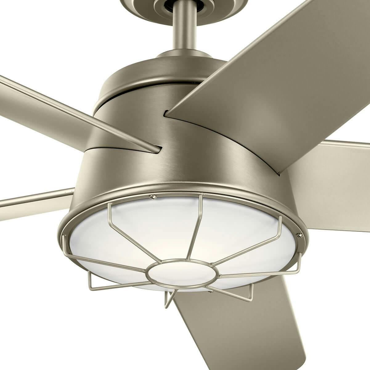 Close up view of the 54" Daya Ceiling Fan in Brushed Nickel on a white background