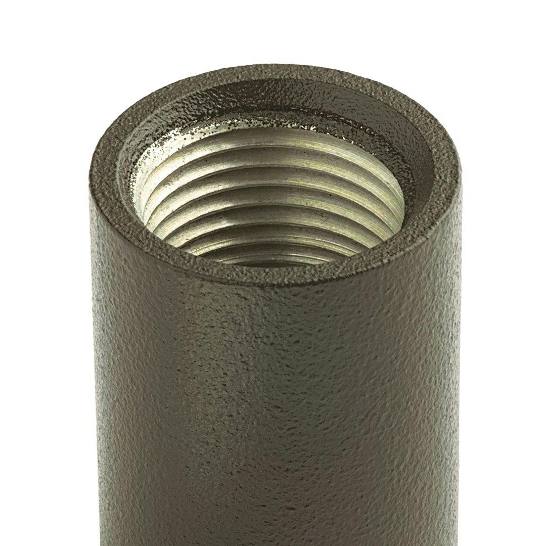 Close up of 1.5" Stem Coupler .5 NPSM Textured Architectural Bronze on a white background