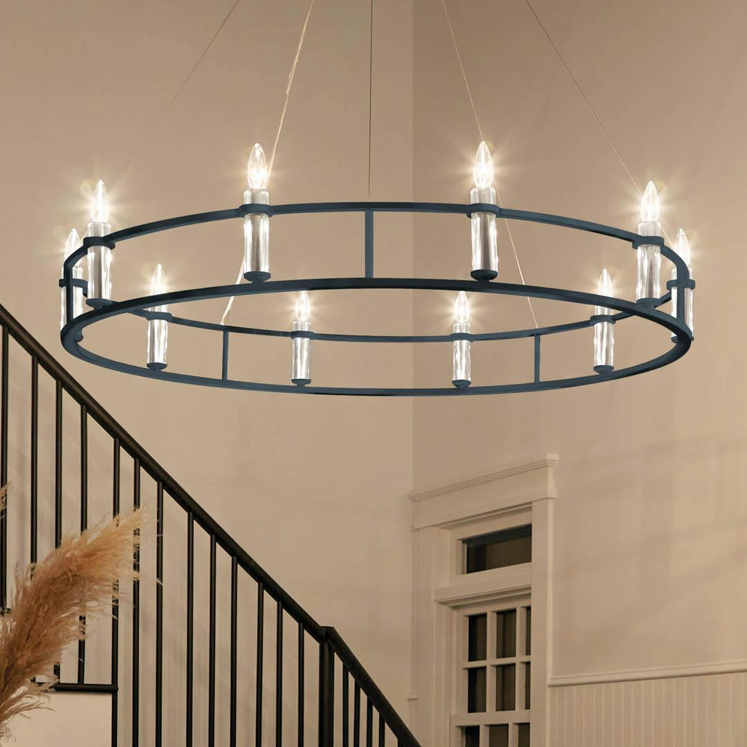 Night time foyer with Rosalind 50" 10 Light Chandelier Black