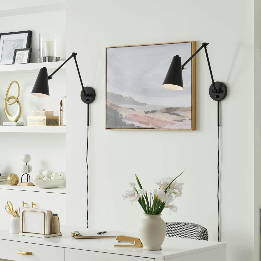 Day time office with Sylvia 1 Light Wall Sconce Black