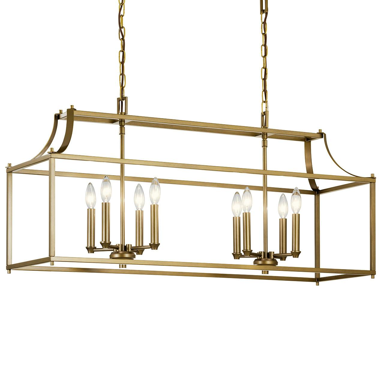 Morrigan 8 Light Linear Chandelier Brass without the canopy on a white background