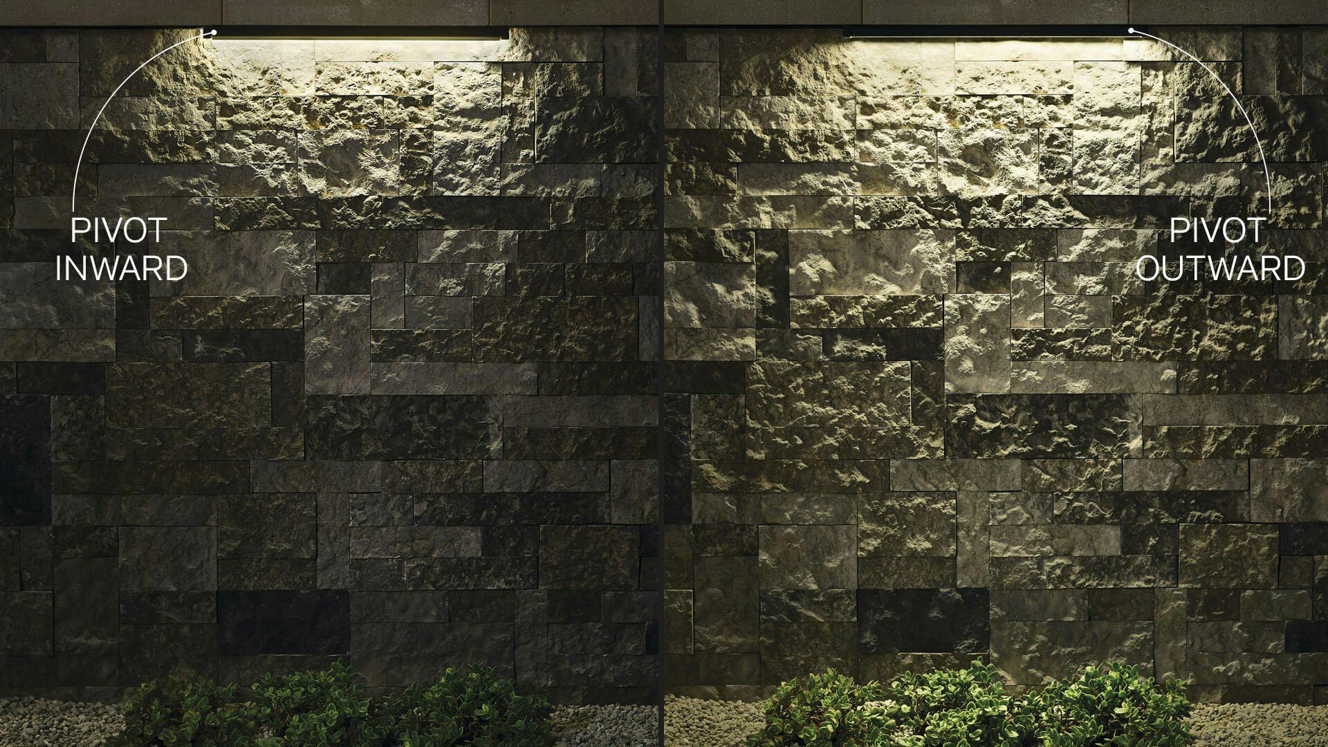Side-by-side image of a stone wall with a downlight demonstrating the difference between when the light is pivoted inward versus outward