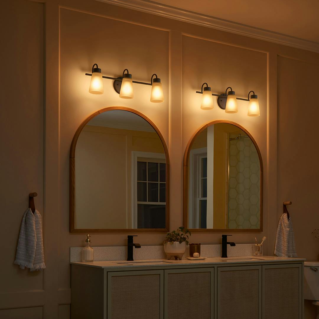 Night time Bathroom with Stamos 20" 3 Light Vanity Light Olde Bronze
