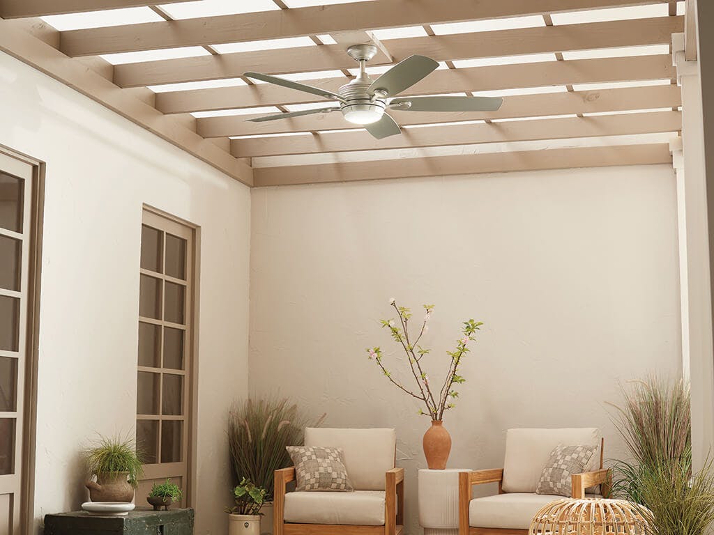 Close up view of the 56" Tranquil Weather+ Ceiling Fan Nickel on a white background