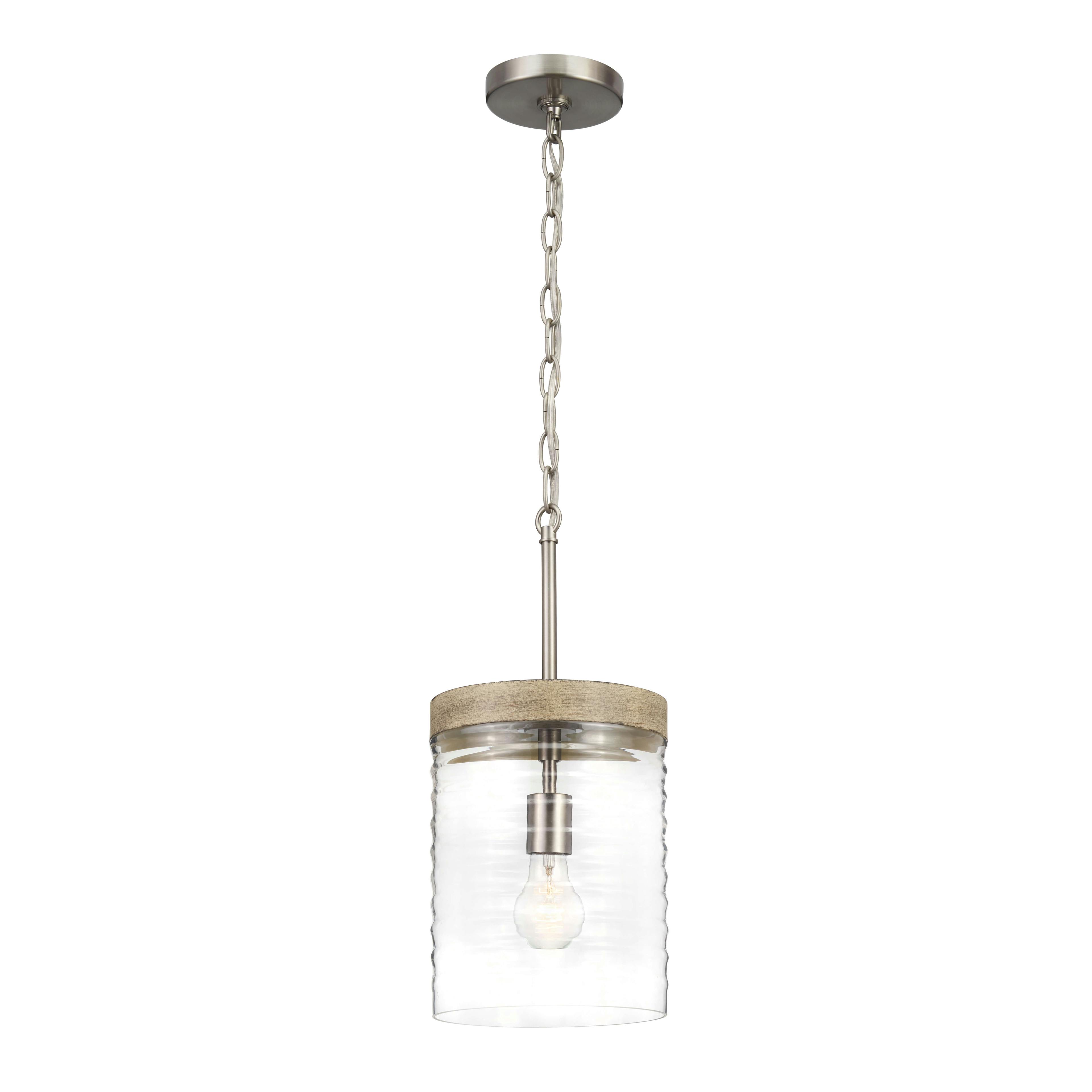 Maritime 1 Light Mini Pendant in Brushed Nickel and Distressed Antique Gray with Ribbed Glass on a white background