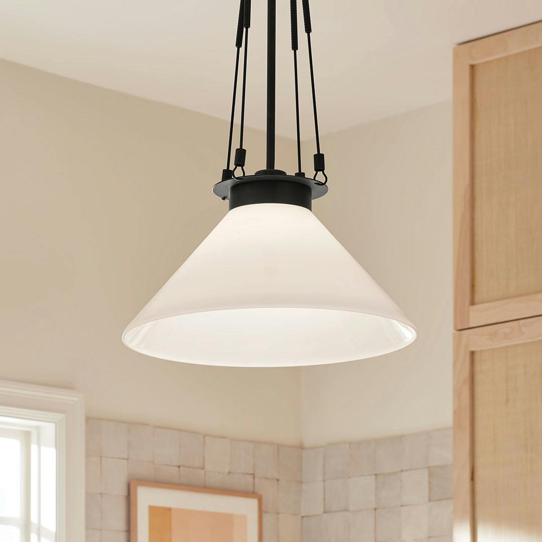 Day time kitchen with the Albers 18.25 Inch 1 Light Pendant with Opal Glass in Black