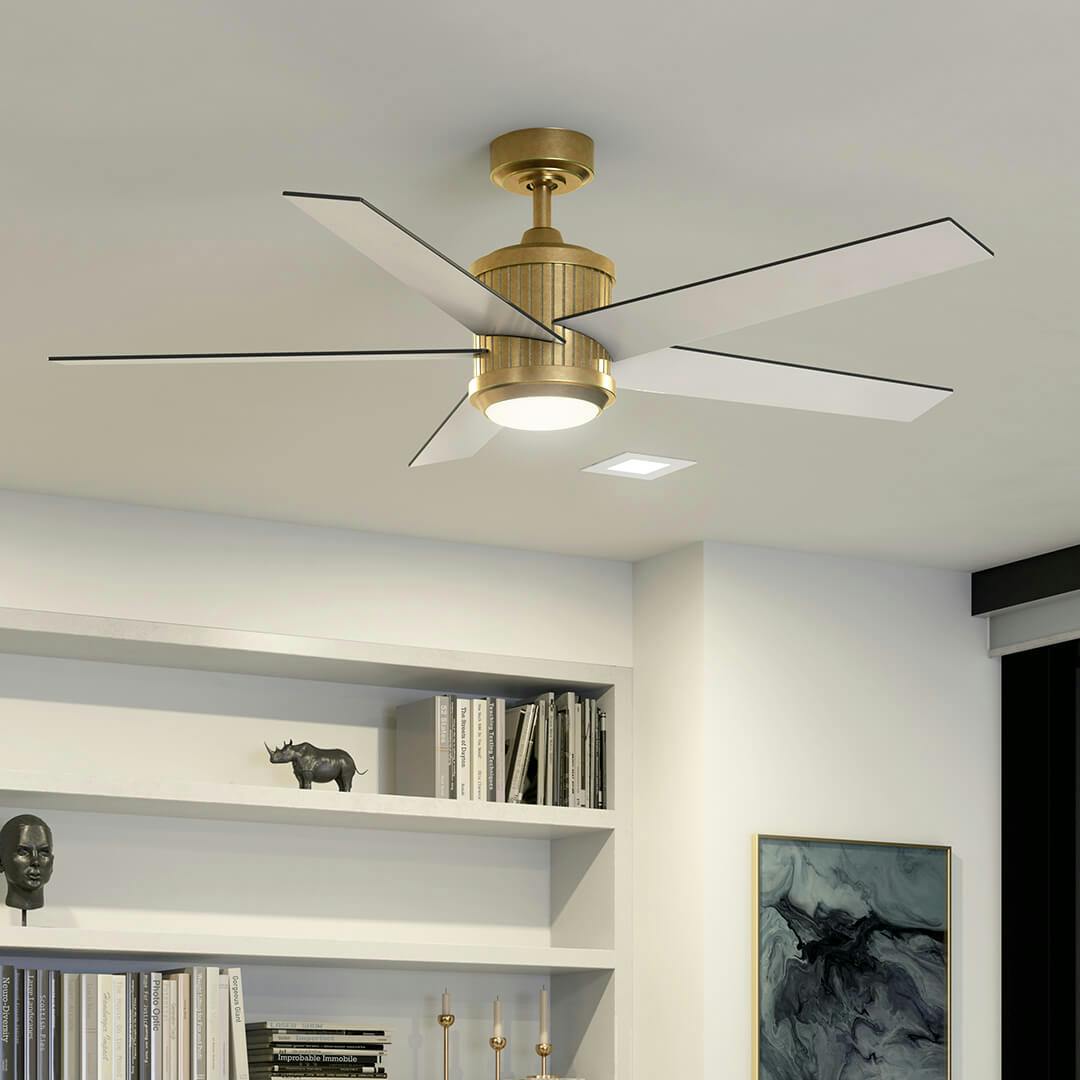 Night time living room with Brahm™ LED 56" Ceiling Fan Natural Brass