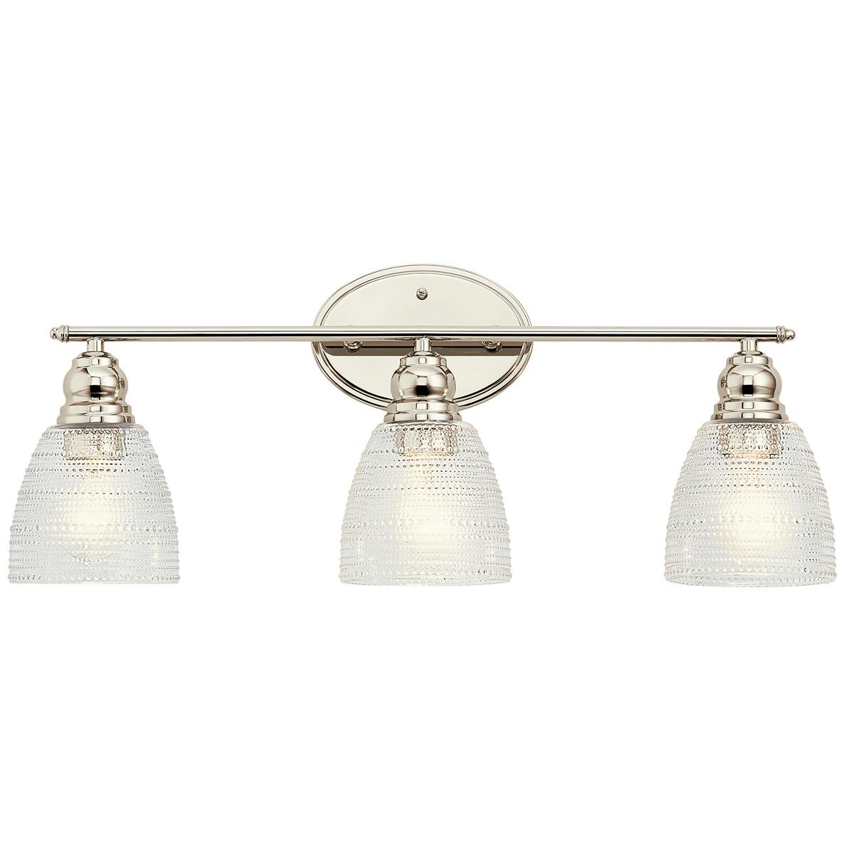 Front view of the Karmarie 3 Light Vanity Light Nickel on a white background