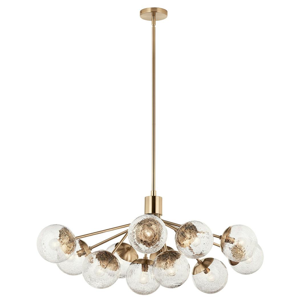 The Silvarious 48 Inch 12 Light Linear Convertible Chandelier with Clear Crackled Glass in Champagne Bronze on a white background