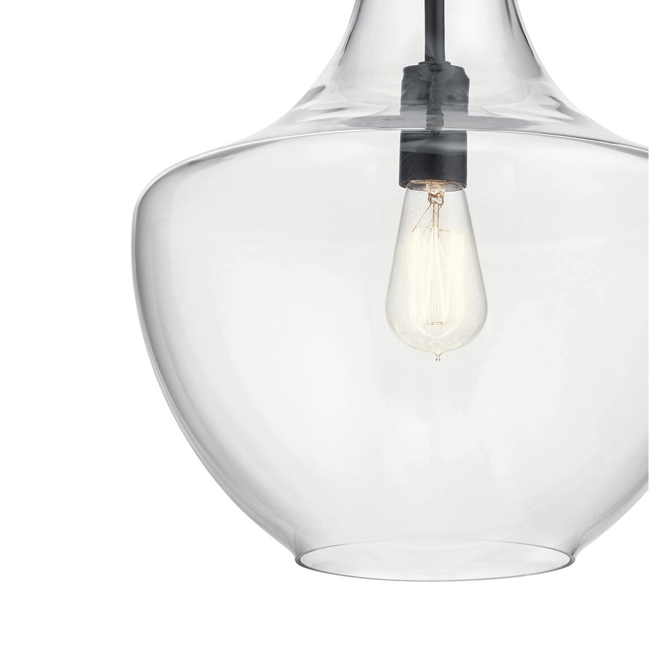 Close up view of the Everly 20" Bell Pendant Clear Glass Black on a white background