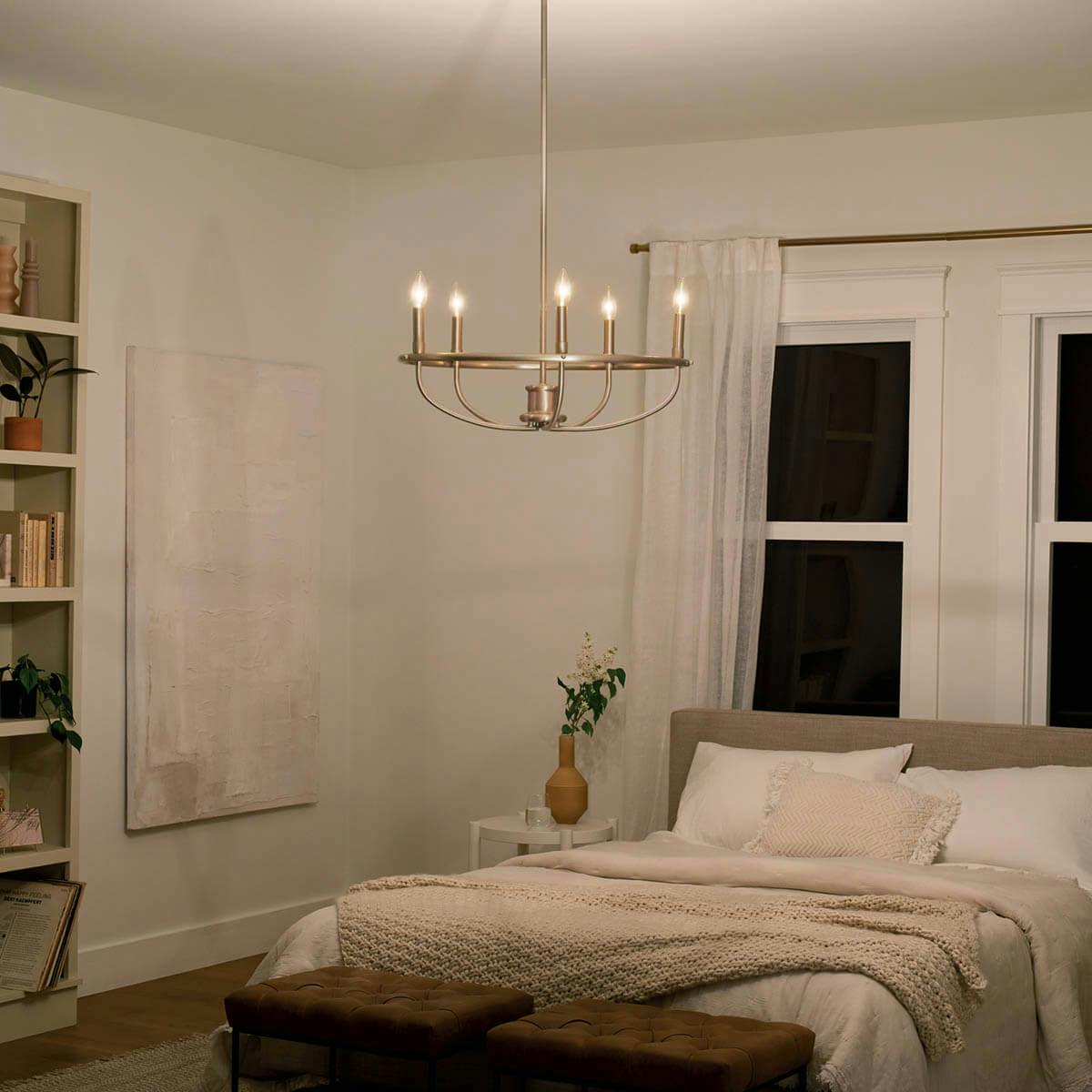 Night time bedroom featuring Bethel chandleir 82371