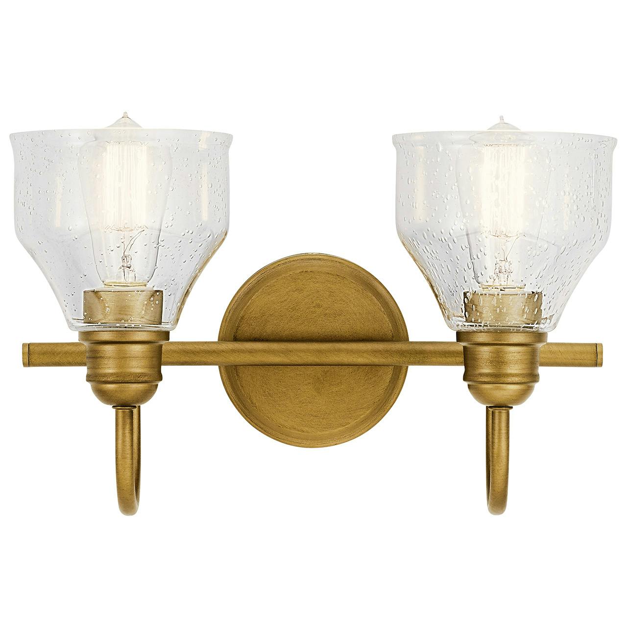 The Avery 2 Light Vanity Light Natural Brass facing up on a white background