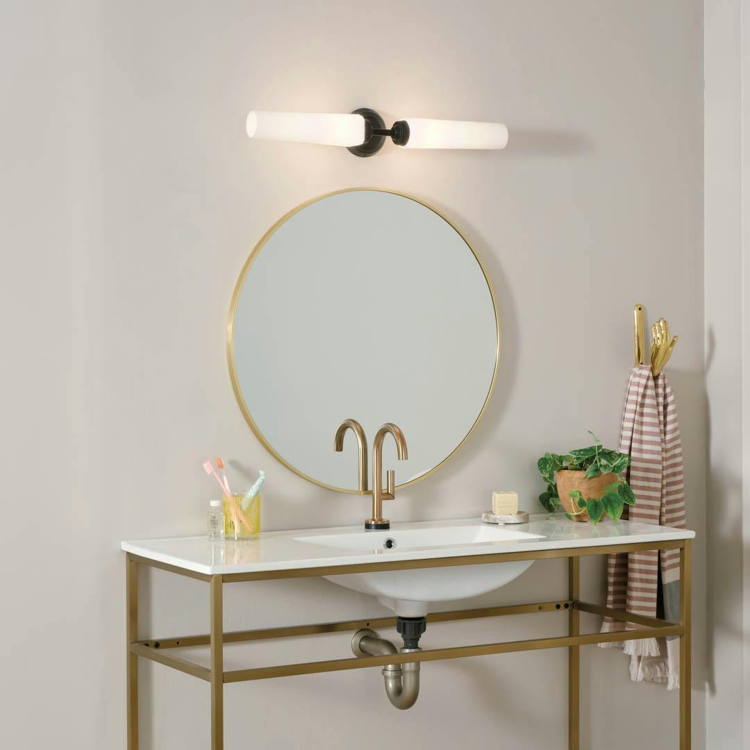 Day time bathroom with Truby 24.75 Inch 2 Light Vanity Light with Satin Etched Cased Opal Glass in Black