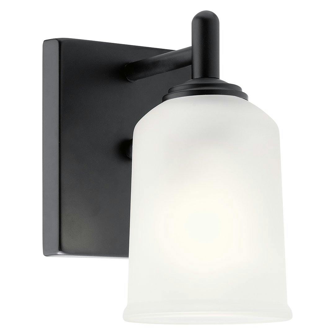 Shailene 8.25 inch 1 Light Wall Sconce with Satin Etched Glass in Black on a white background
