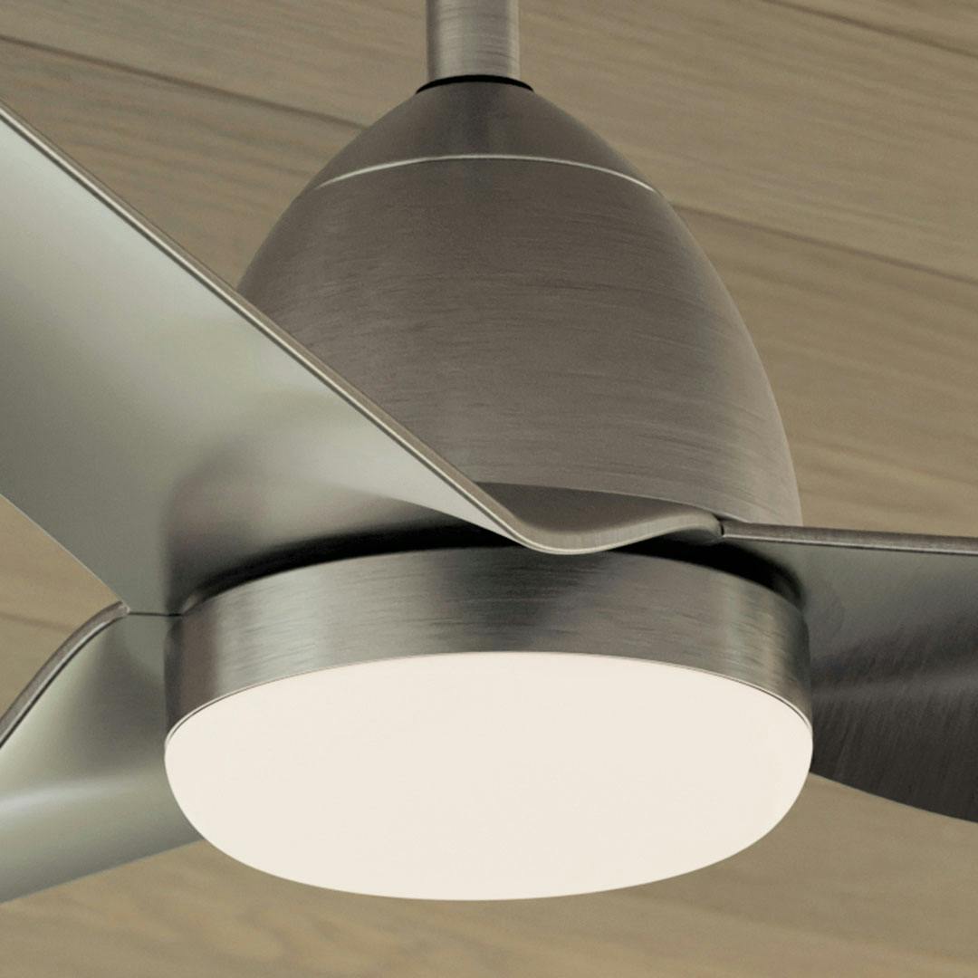 Close up view or the 54 Inch Fit Ceiling Fan with Satin Etched Cased Opal Glass in Brushed Nickel with Silver Blades
