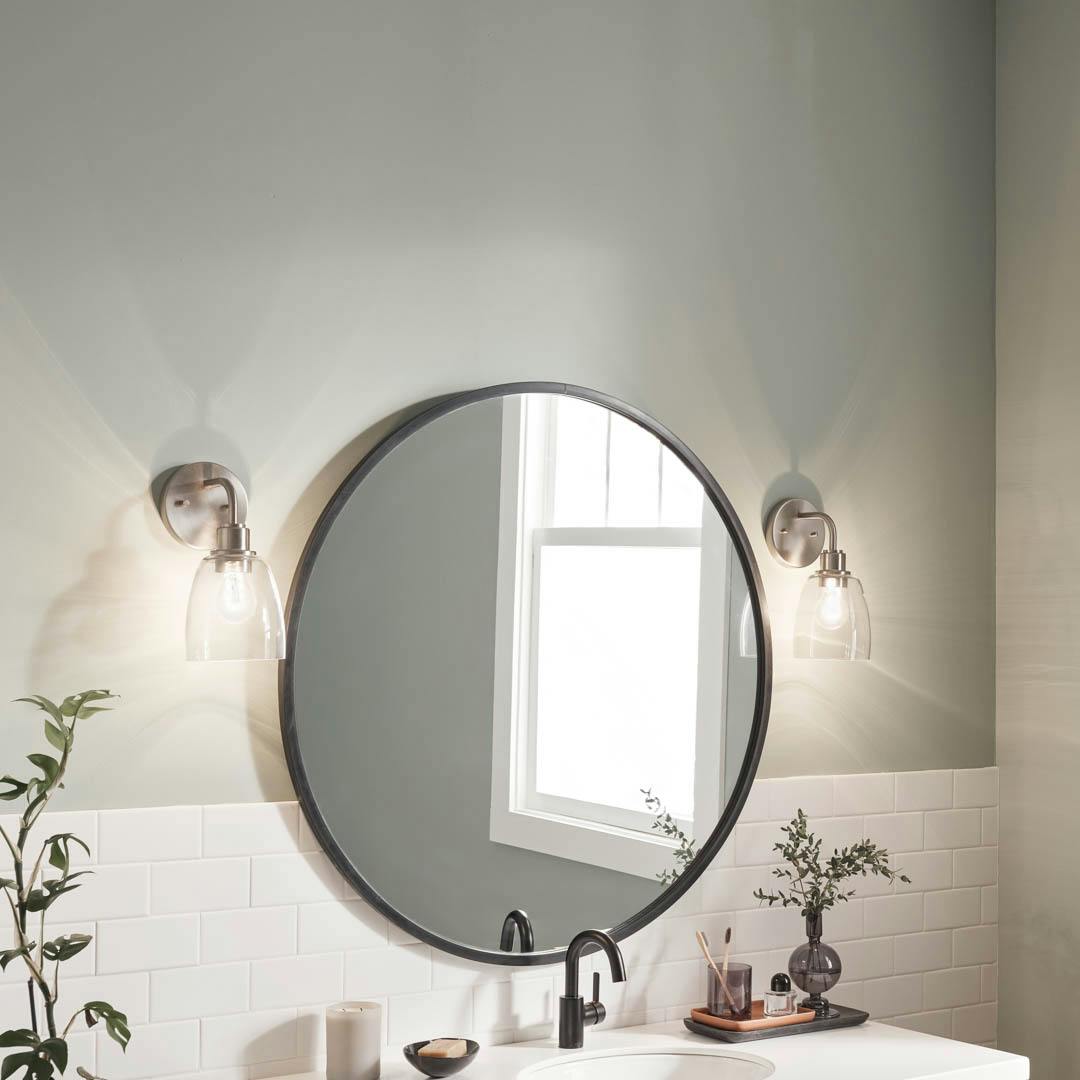 Day time bathroom with Meller 11.25 Inch 1 Light Wall Sconce with Clear Glass in  Brushed Nickel