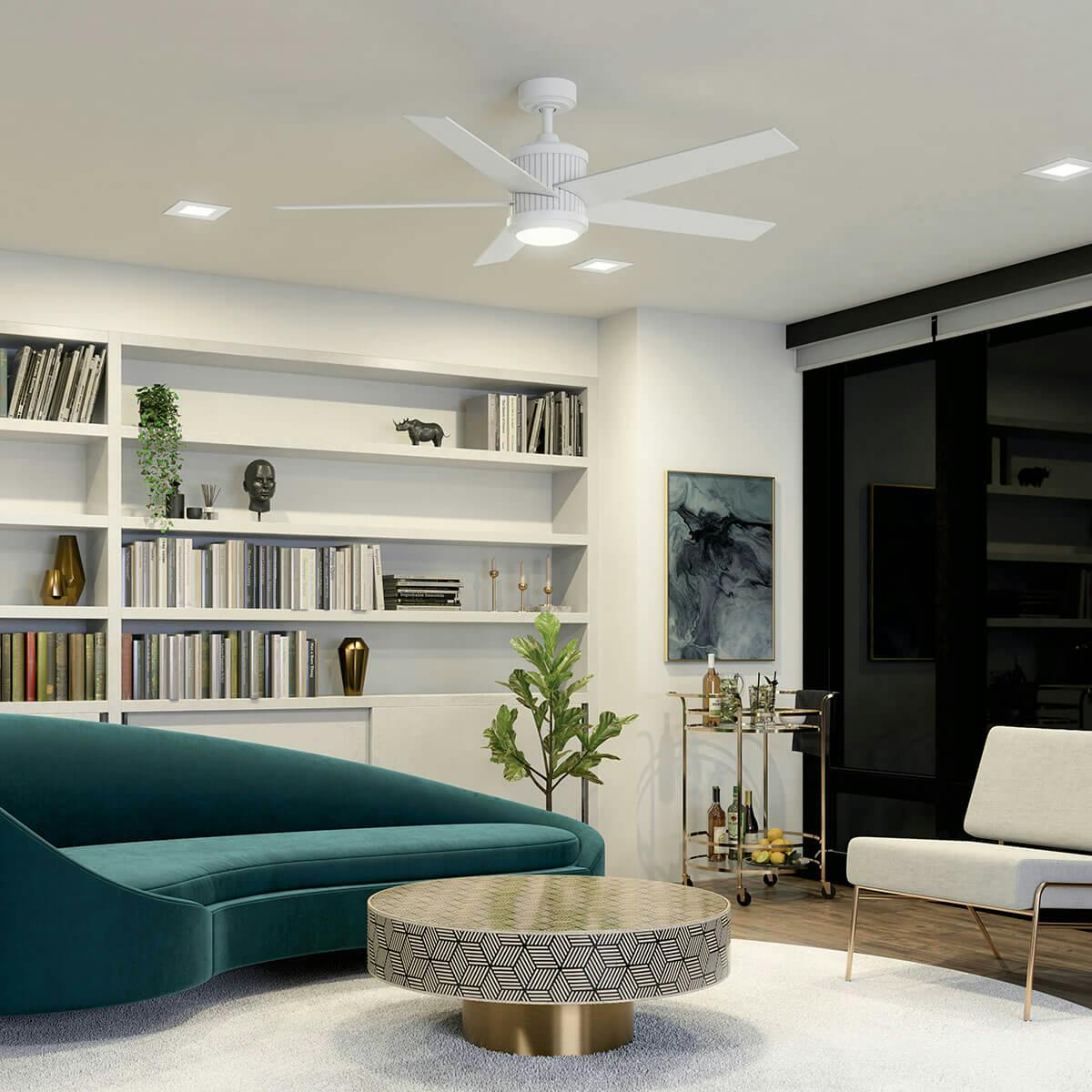 Night time living room image featuring Maeve ceiling fan 300044MWH