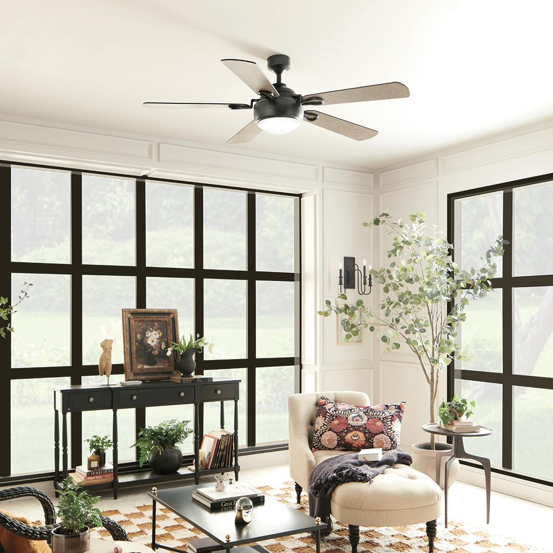 Day time sunroom with 60" Humble 5 Blade LED Indoor Ceiling Fan Anvil Iron
