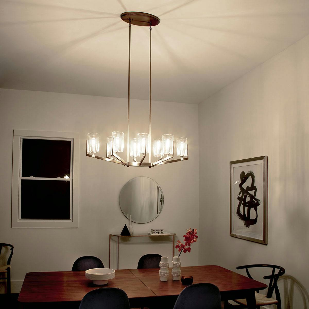 Night time dining room image featuring Nye chandelier 52315BNB
