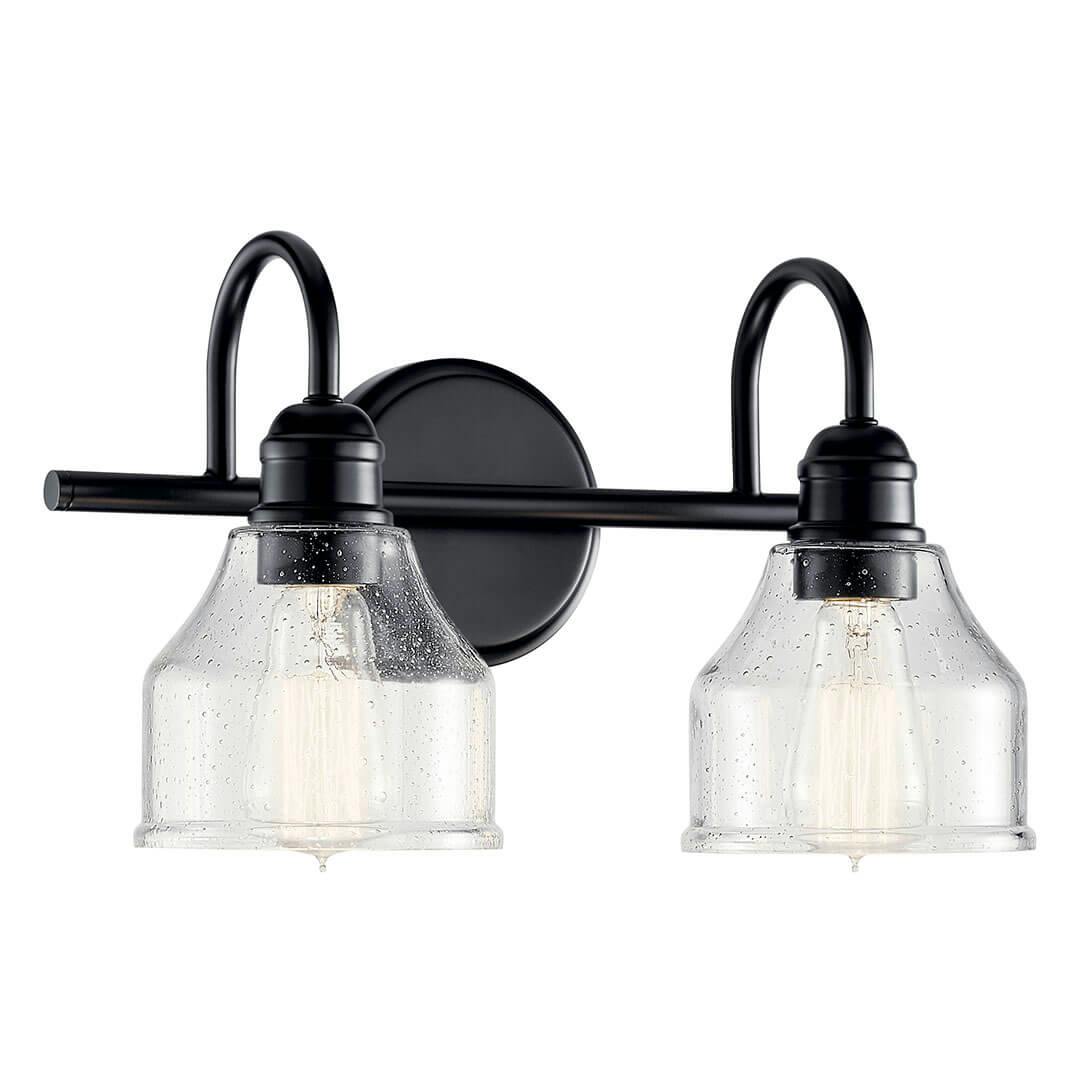The Avery 15 Inch 2 Light Vanity Light with Clear Seeded Glass in Black on a white background
