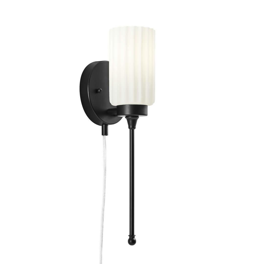Thelma 16 Inch 1 Light Plug-In Wall Sconce with Satin-Etched Cased Opal Glass in Matte Blackon a white background