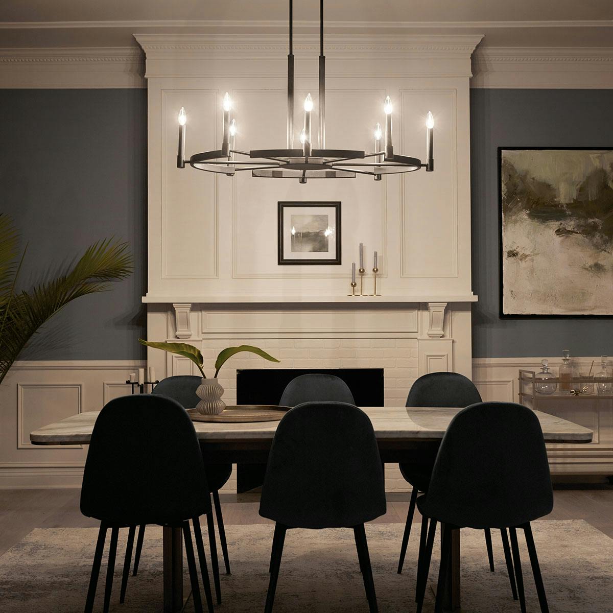 Night time Dining Room image featuring Tolani chandelier 52429BK