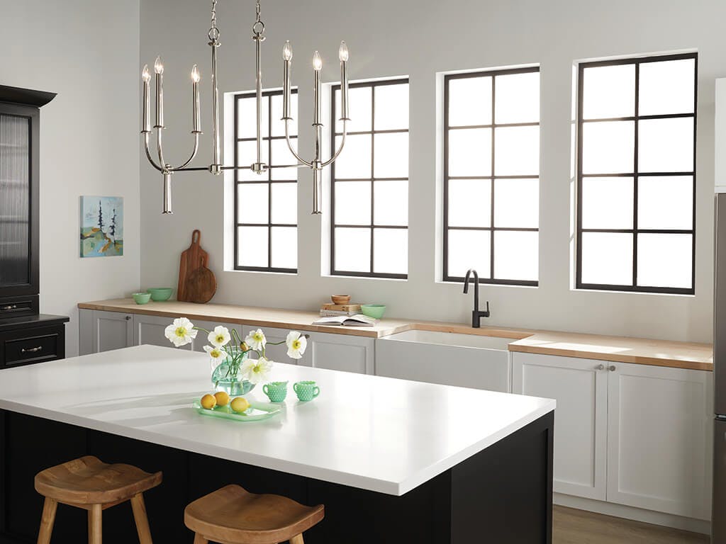 Day time kitchen with Florence 40" 6 Light Linear Chandelier Polished Nickel