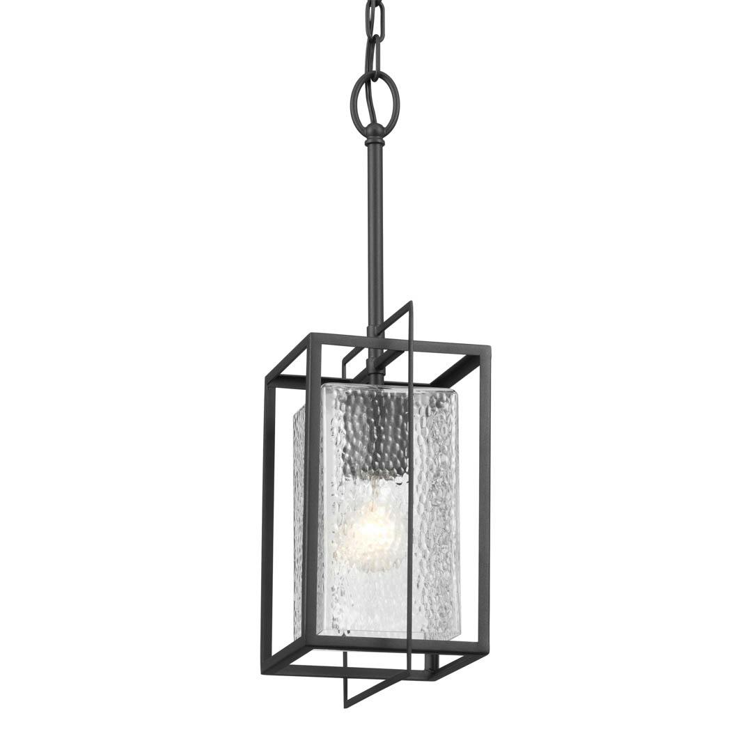 Edinborough 1 Light Mini Pendant in Textured Black with Clear Hammered Glass on a white background