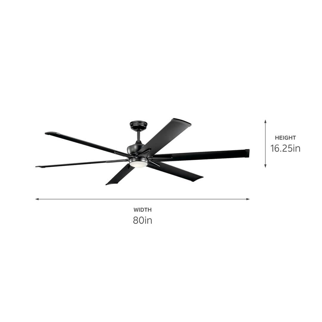 Szeplo™ II LED 80" Fan Satin Black on a white background with dimensions also shown in tech specs