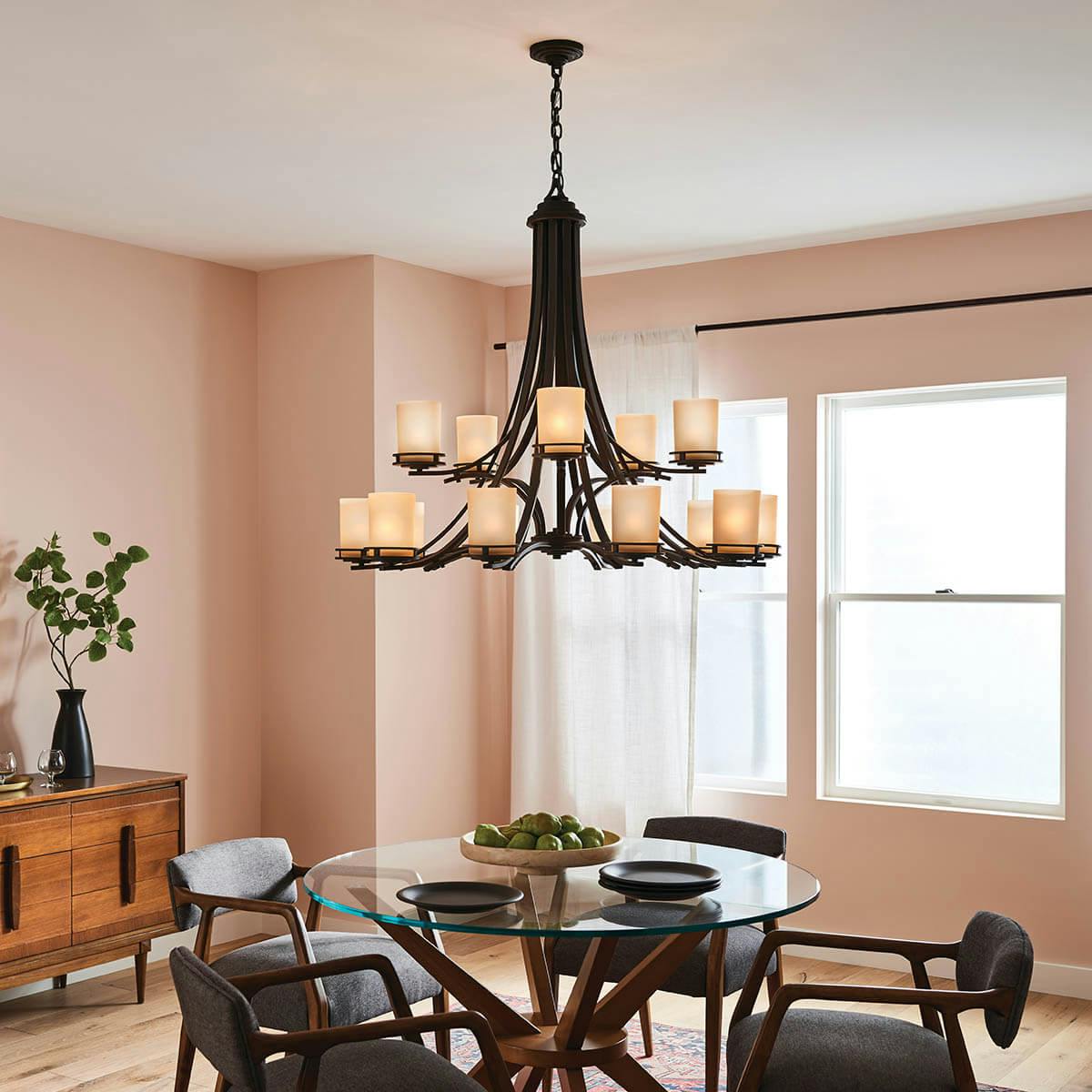 Day time dining room with Hendrik™ 36" 15 Light Chandelier with Light Umber Etched Glass in Olde Bronze®