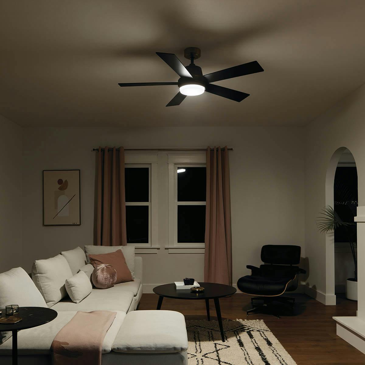 Night time Living Room with Grace 52"  Ceiling Fan Satin Black