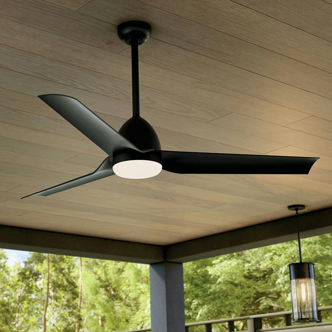Daytime kitchen with the 54" Fit Ceiling Fan in Satin Black with Satin Black Blades