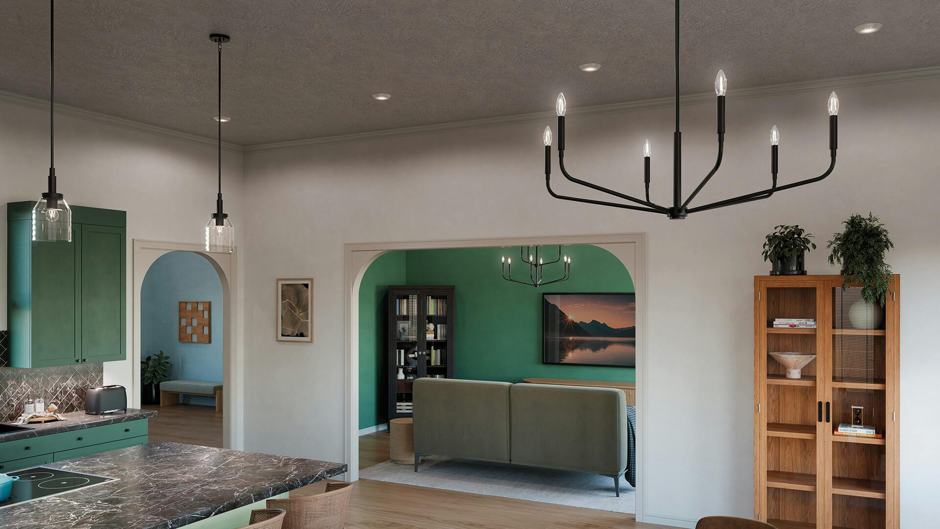 Open kitchen to living room with Madden chandelier in black finish and horizon select downlights