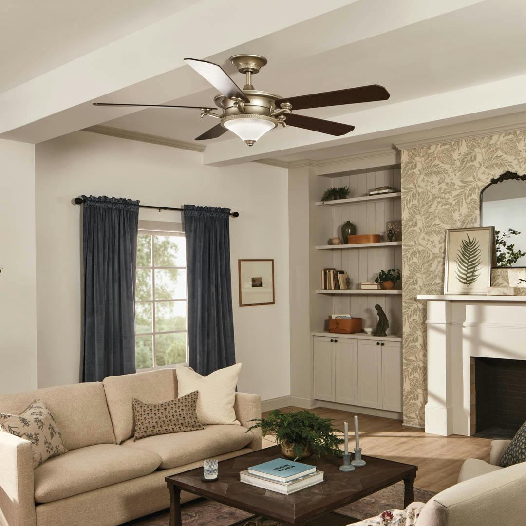 Day time living room with 60" Rise 5 Blade LED Indoor Ceiling Fan Brushed Nickel