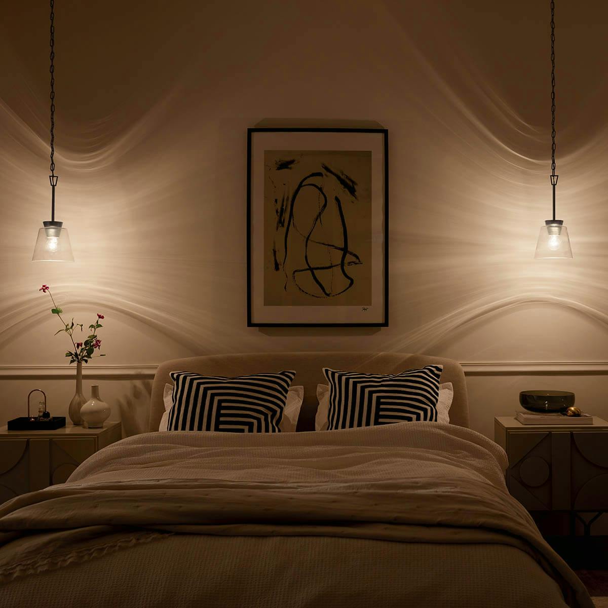 Night time bedroom with Zandi 7.6" 1 Light Mini Pendant Brushed Nickel
