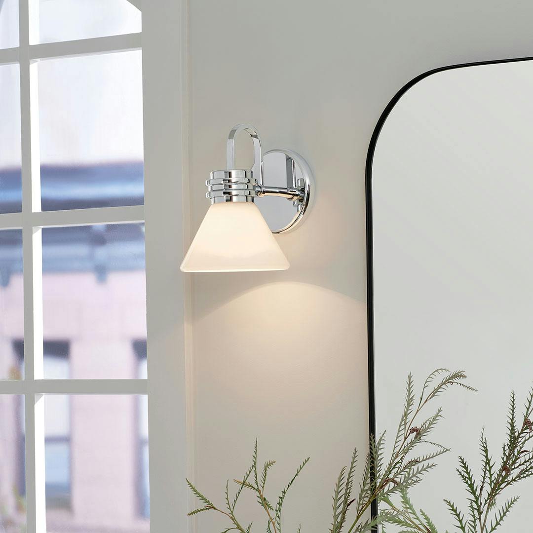 Day time bathroom with the Farum 9.5 Inch 1 Light Wall Sconce with Opal Glass in Chrome