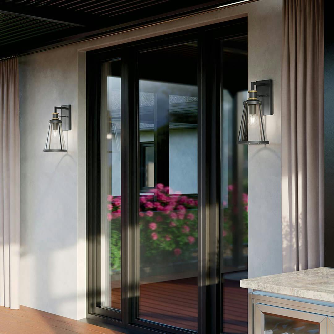 Living room featuring the Talman 18" 1 Light Outdoor Wall Light with Clear Glass in Textured Black and Natural Brass